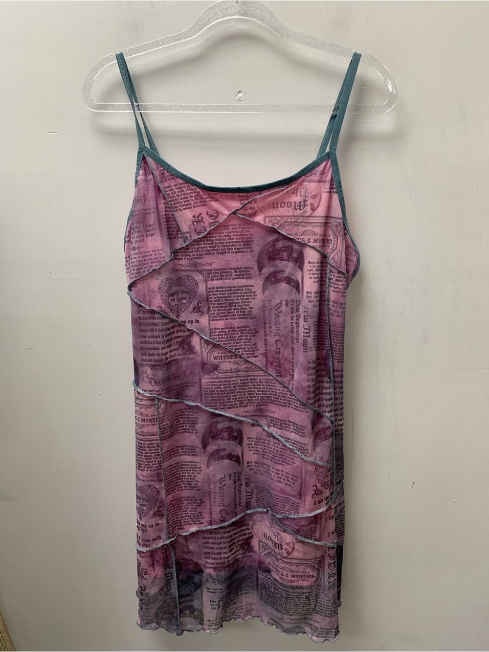 Horoscopez ASK FOR THE MOON MESH DRESS Newspaper Print Slip Dress with gray Trim